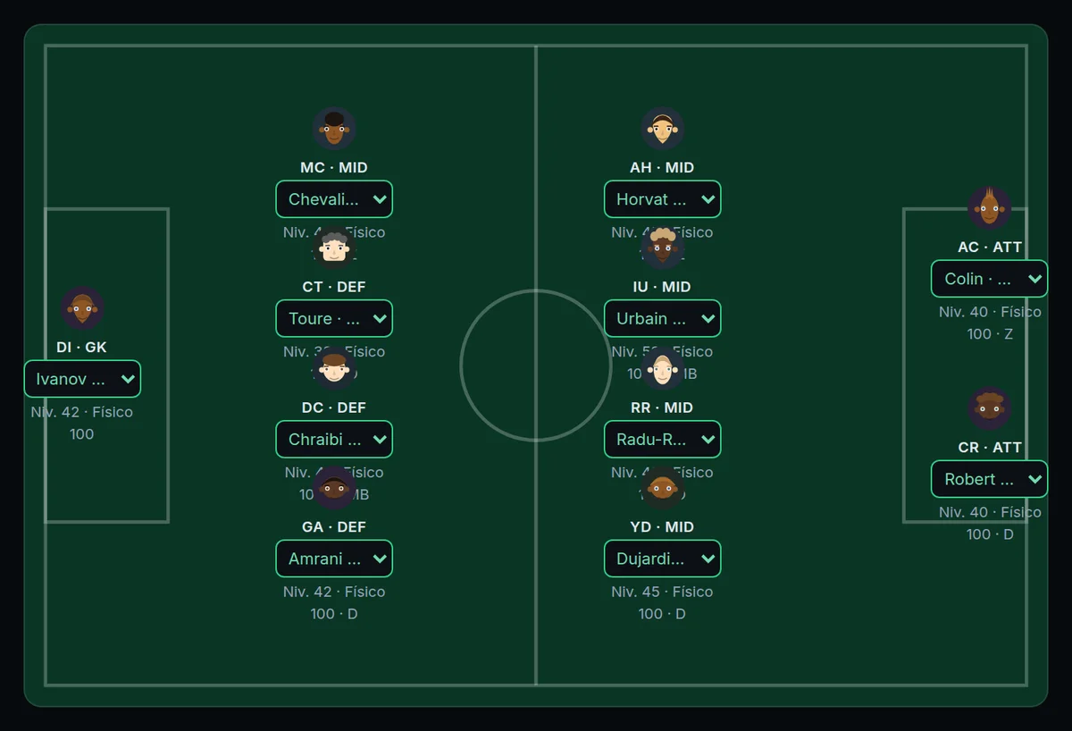 El campo de alineación: once jugadores colocados antes del inicio.